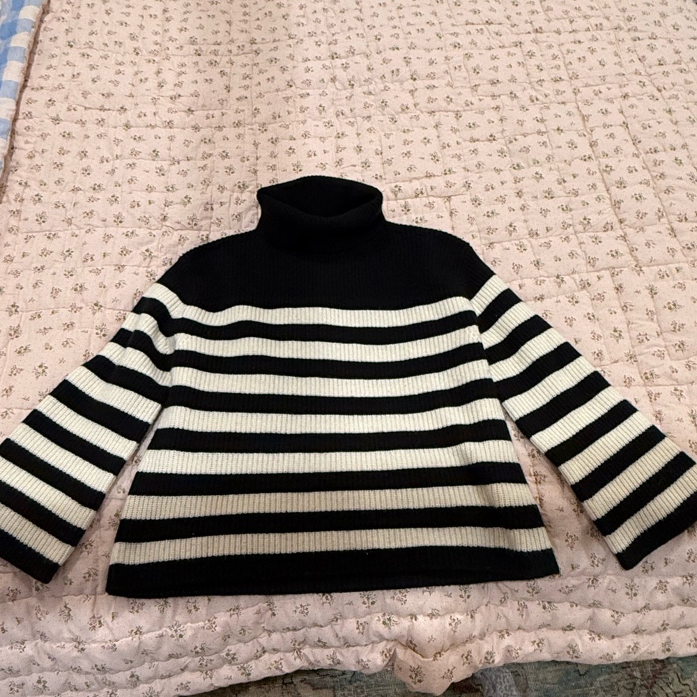 J. Crew Black and Cream Striped Turtleneck Sweater